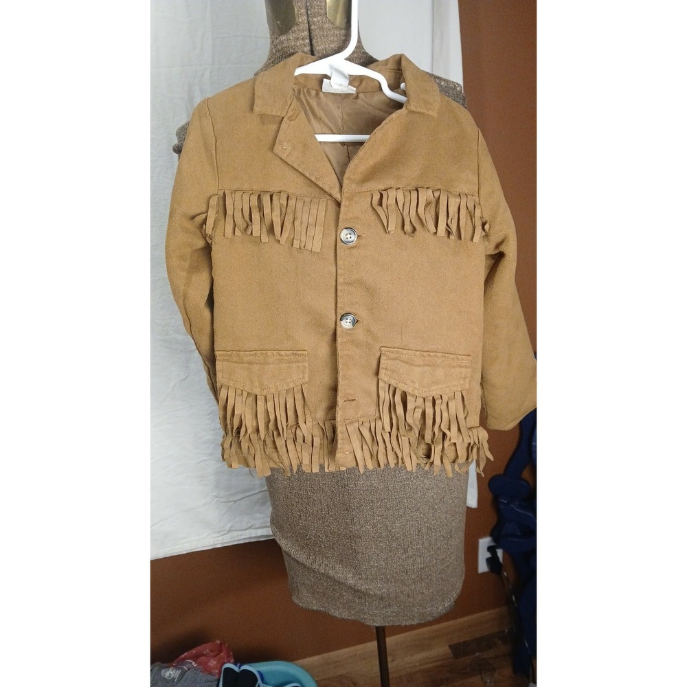 Little Maven Tori Spelling Kids Faux Suede Fringe Western Jacket Tan Brown 5Y